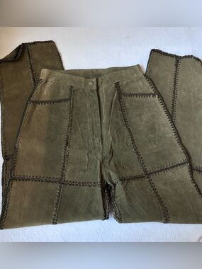 Vintage SMH Suede Patchwork Crochet Pants Olive Green Size 8 NWOT